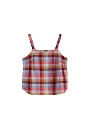 Mouwloze top met dunne bandjes, voorzien van een kleurrijk geruit patroon in tinten rood, oranje, blauw en paars op een witte achtergrond.