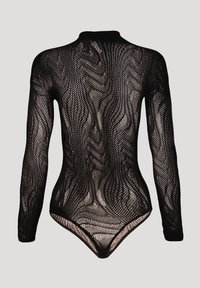 Body nero a maniche lunghe con una trama a onde, collo alto e una silhouette aderente con un taglio a perizoma nella parte inferiore.