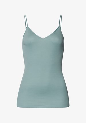 Camisole sans manches bleu clair avec décolleté en V, en tissu lisse. Présente des bretelles fines et ajustables, avec une silhouette près du corps.