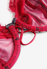 Soutien-gorge en dentelle rouge avec des bonnets en maille, des bords décoratifs, des bretelles ajustables et une marque sur la bande. Présente des motifs en dentelle intriqués.