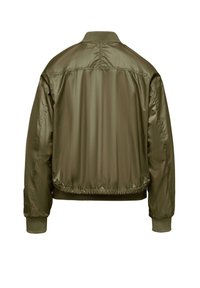 Giacca bomber verde oliva, materiale in nylon lucido, polsini e orlo a coste, superficie liscia, vita elasticizzata e design semplice senza tasche.