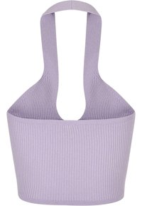 Geribbelde lila crop top met een brede band en halternekontwerp, met een diepe open rug en een zachte textuur.