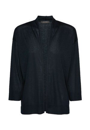 Cárdigan negro abierto al frente con mangas largas y un corte relajado, hecho de tela ligera y ligeramente transparente.