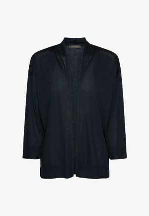 Cardigan nero aperto sul davanti con maniche lunghe e vestibilità comoda, realizzato in tessuto leggero e leggermente trasparente.