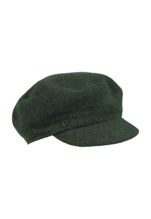 Cappello di lana verde con la cima arrotondata e il visiera corta e rigida. Presenta un bottone decorativo in metallo nero sul lato per accentuare.