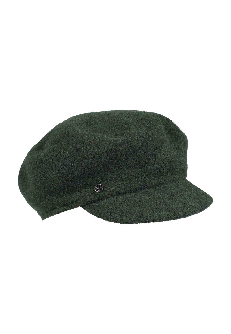 Căciulă verde din lână, cu vârf rotund și o margine scurtă și rigidă. Prezintă un buton decorativ din metal negru pe lateral, pentru un accent.