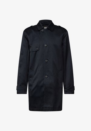 Lang zwart jasje gemaakt van glad materiaal, met een knopenfront, twee zijzakken en schouderepauletten.