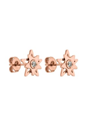 Rosenvergoldete Ohrstecker in Sternform mit klaren, runden Edelsteinen in der Mitte und Schmetterlingsverschlüssen.