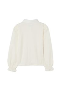 Cream-colored long-sleeve blouse with a collared neckline, puffed shoulders, and gathered cuffs. Smooth texture and minimalist design.