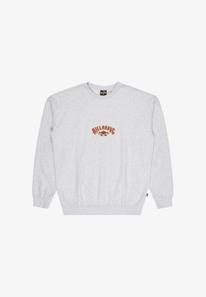 Gray crewneck sweatshirt made of soft fabric. Features an embroidered logo in orange and red at the center. Ribbed cuffs and hem.
