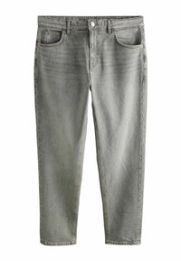 Grijze denim jeans met een rechte pijp ontwerp, vijf zakken, voorste knoopsluiting en subtiele vervagingsdetails langs de benen.