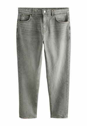 Grijze denim jeans met een rechte pijp ontwerp, vijf zakken, voorste knoopsluiting en subtiele vervagingsdetails langs de benen.