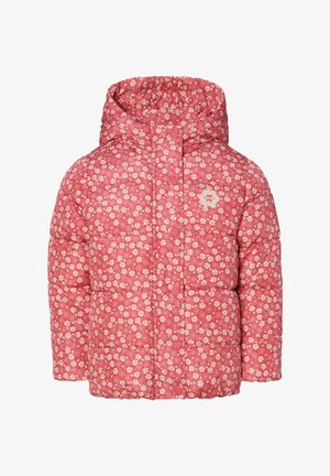 Chaqueta de plumas rosa con un patrón floral, que incluye capucha, puños elásticos y botones a presión. El material está acolchado para ofrecer aislamiento.