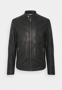 Černá kožená bunda s vysokým límcem, prošívanými ramenními akcenty a bočními zipovými kapsami. Hladká textura s přiléhavým střihem.