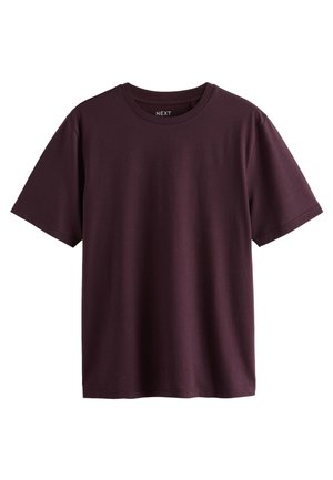 Tricou din bumbac bordo cu mâneci scurte, guler rotund și croială lejeră; prezintă o textură netedă și fără modele sau ornamente distincte.