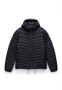 Black puffer jacket with a quilted design, front zipper, and hood. Features adjustable drawstrings at the hem and side pockets.