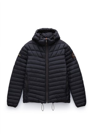 Black puffer jacket with a quilted design, front zipper, and hood. Features adjustable drawstrings at the hem and side pockets.