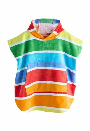 Toddler's hooded towel poncho with front pocket, made of striped colorful terry cloth in green, blue, red, orange, and yellow.