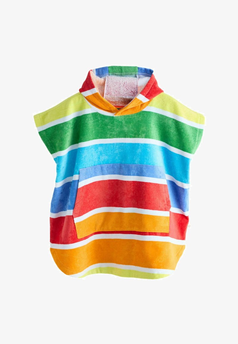 Väikelapse kapuutsiga rätik-poncho, millel on esikott, valmistatud triibulisest värvilisest froteekangast rohelistes, sinistes, punastes, oranžides ja kollastes toonides.