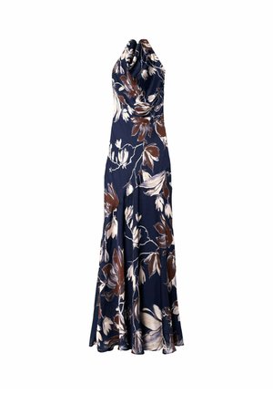 Robe bleu marine avec un motif floral en blanc et marron. Présente un col halter et un design fluide, longueur sol, confectionnée en tissu doux.