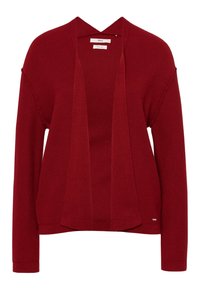 Cardigan rosso lavorato a maglia con un pattern testurizzato, apertura frontale e maniche lunghe. Presenta un collo a V e un piccolo logo metallico decorativo.