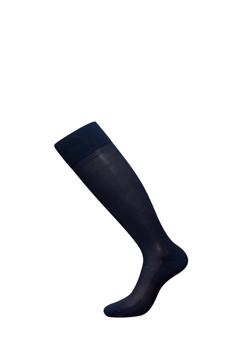 Calcetines azul marino hasta la rodilla, hechos de un material liso y elástico con un puño acanalado. El diseño es sencillo y ceñido, garantizando comodidad y sujeción.