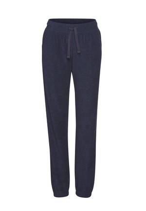 Navy blue sweatpants made of soft fabric, featuring an elastic waistband with a drawstring, and tapered ankles. No pockets.