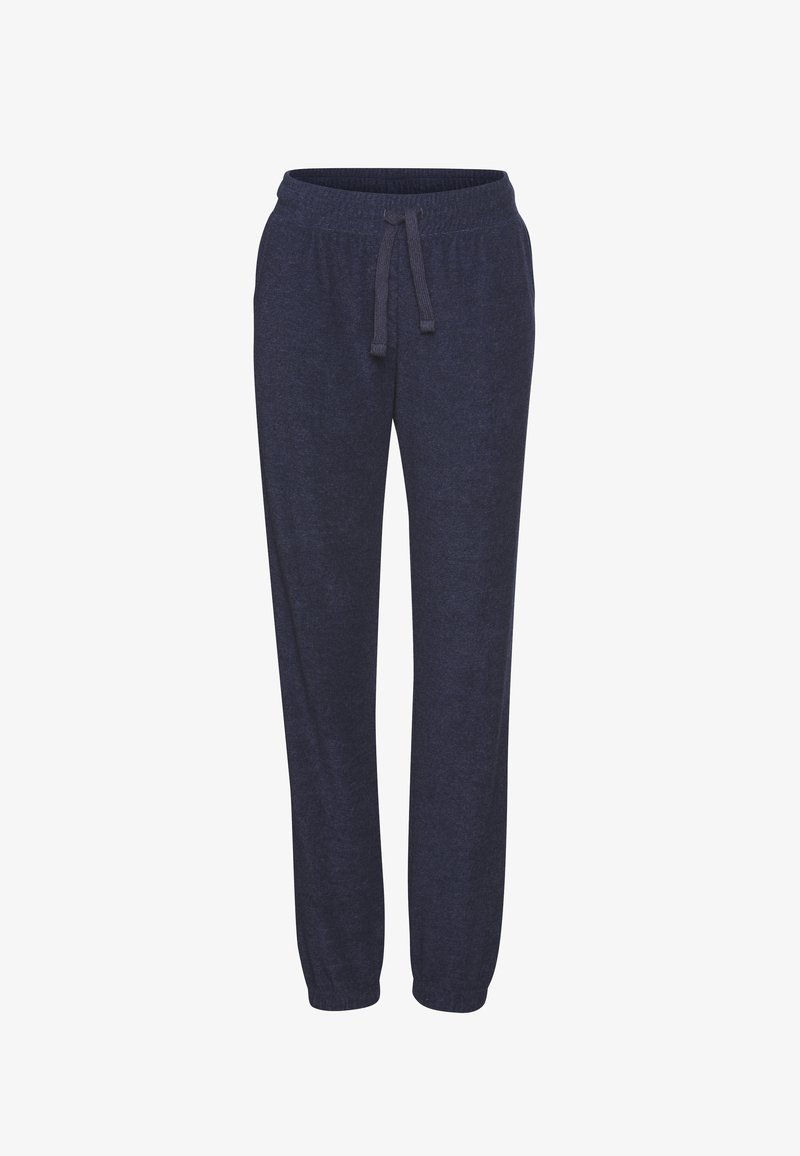 Marineblaue Jogginghose aus weichem Stoff, mit elastischem Bund und Kordelzug, sowie schmal zulaufenden Knöcheln. Keine Taschen.