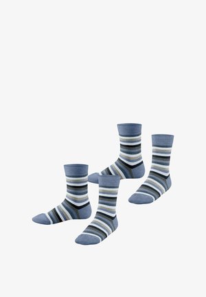 Vier knielange Socken mit horizontalen Streifen in Blau-, Weiß-, Schwarz- und Grautönen, dargestellt vor einem weißen Hintergrund.