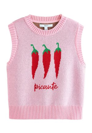 Vaaleanpunainen neulepusero, jossa on ribbireunat kauluksessa ja helmassa. Puserossa on kolme punaista chili-paprikaa ja sana "picante" punaisella tekstillä.