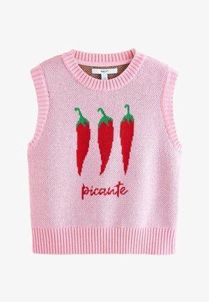 Pulover tricotat roz cu guler și tiv cu model în relief, având trei ardei iuți roșii și cuvântul "picante" scris în text roșu.
