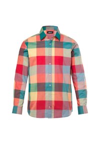Camisa de manga larga de algodón, con un patrón de cuadros multicolor en rojo, verde, amarillo y azul, con cuello tipo punta y cierre de botones.