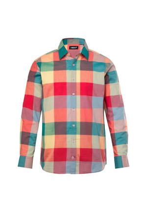 Langærmet skjorte lavet af bomuld, med et flerfarvet ternet mønster i rød, grøn, gul og blå, med spids krave og knaplukning.