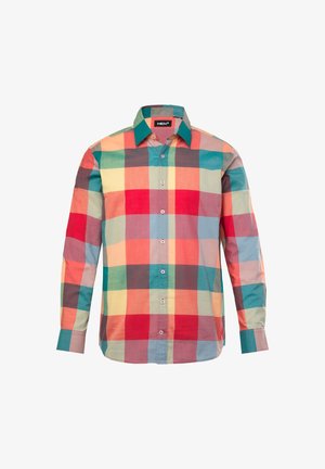 Langærmet skjorte lavet af bomuld, med et flerfarvet ternet mønster i rød, grøn, gul og blå, med spids krave og knaplukning.