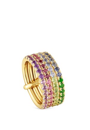 Anillo de oro con cinco filas de piedras preciosas redondas en púrpura, rosa, rojo, azul claro, verde y azul, engastadas en garras.