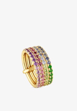 Anillo de oro con cinco filas de piedras preciosas redondas en púrpura, rosa, rojo, azul claro, verde y azul, engastadas en garras.