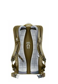 Zaino verde con pannello posteriore in rete e spallacci regolabili. Presenta un logo e dettagli in argento. Design ergonomico per il comfort.