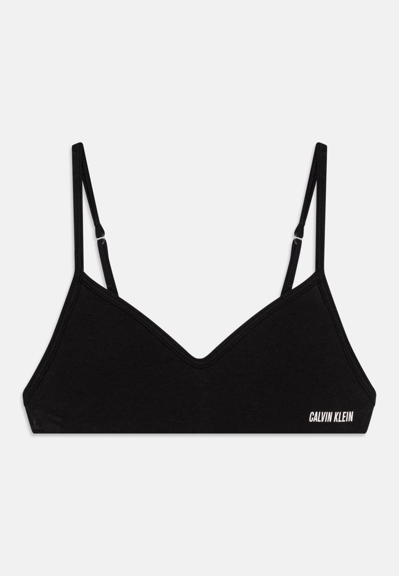 Čierny bavlnený bralet s hlbokým výstrihom do V. Obsahuje nastaviteľné ramienka a biele logo "CALVIN KLEIN" na boku.