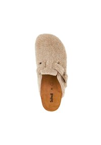 Beige fuzzy slip-on clogs with a soft texture, featuring a buckle detail on the upper and a brown insole with the brand name "Scholl."