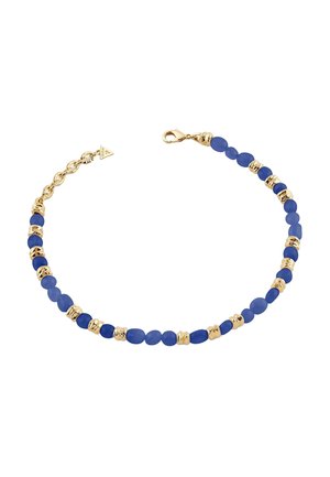 Goldenes Armband mit abwechselnden kleinen blauen Perlen und goldfarbenen, strukturierten Abstandshaltern, mit Karabinerverschluss und verstellbarem Kettchen.