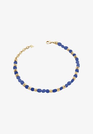 Goldenes Armband mit abwechselnden kleinen blauen Perlen und goldfarbenen, strukturierten Abstandshaltern, mit Karabinerverschluss und verstellbarem Kettchen.