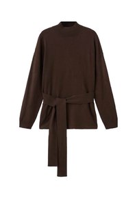 Jersey marrón con cuello alto, mangas largas y un lazo a juego en la cintura. Textura suave y corte relajado.