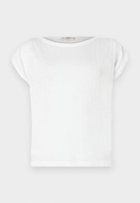 White short-sleeve T-shirt with a round neckline and textured fabric. Simple design with a relaxed fit and unembellished hem.