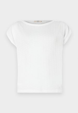 T-shirt branca de manga curta com decote redondo e tecido texturizado. Design simples com um corte descontraído e bainha sem adornos.