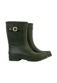 Bottes de pluie en caoutchouc vertes avec une finition lisse, un accent de boucle en haut et des semelles texturées pour une meilleure adhérence. Taille mi-mollet, design à bout rond.