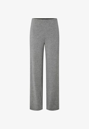 Pelēkās taisnās bikses no trikotāžas ar elastīgu jostu, paredzētas ikdienišķai vai mājas valkāšanai.