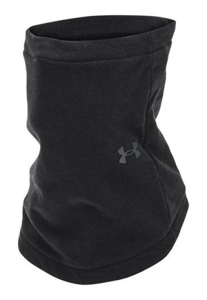 Black fleece neck gaiter with a smooth texture, shaped like a tube, featuring a subtle dark logo on the front.