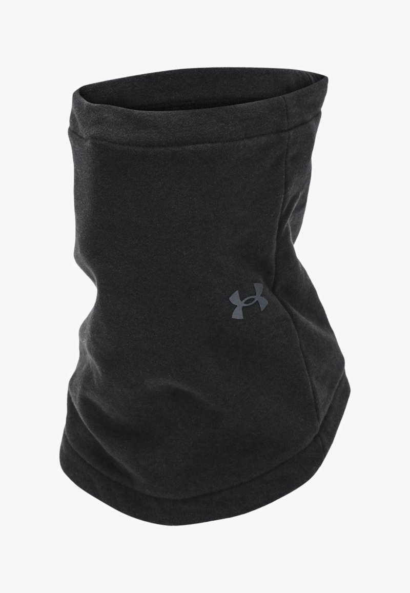 Melnā vilnas kakla sildītāja ar gludu tekstūru, formas kā caurule, ar smalku tumšu logotipu priekšpusē.