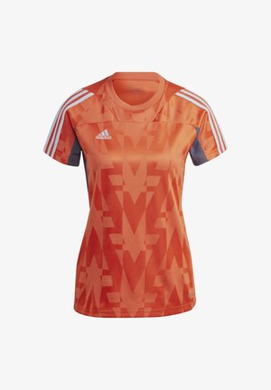 Oranje sportshirt met een geometrisch patroon, gemaakt van lichtgewicht stof. Heeft drie witte strepen op de schouders en een ronde hals.