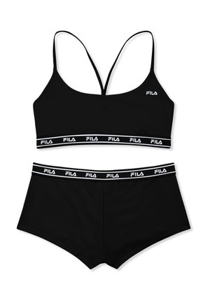 Reggiseno sportivo nero Fila con spalline sottili e slip abbinate in stile boyshort, entrambi con fascia elastica brandizzata.